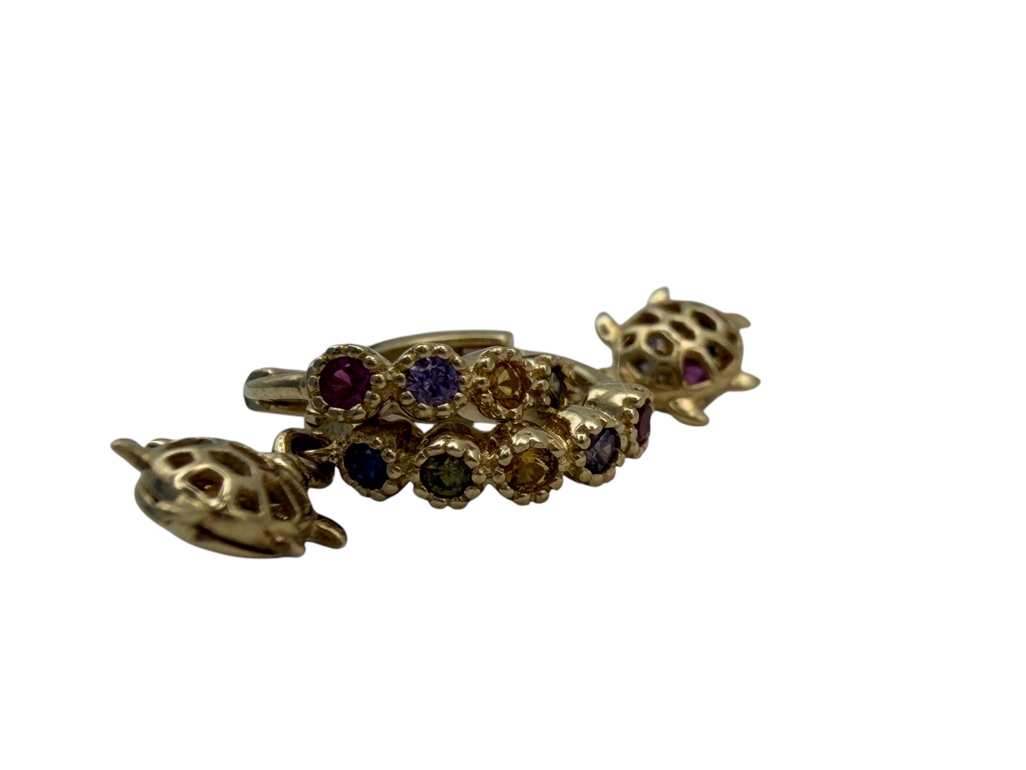 Huggies de Oro 10K de Tortuga y Piedras de Colores