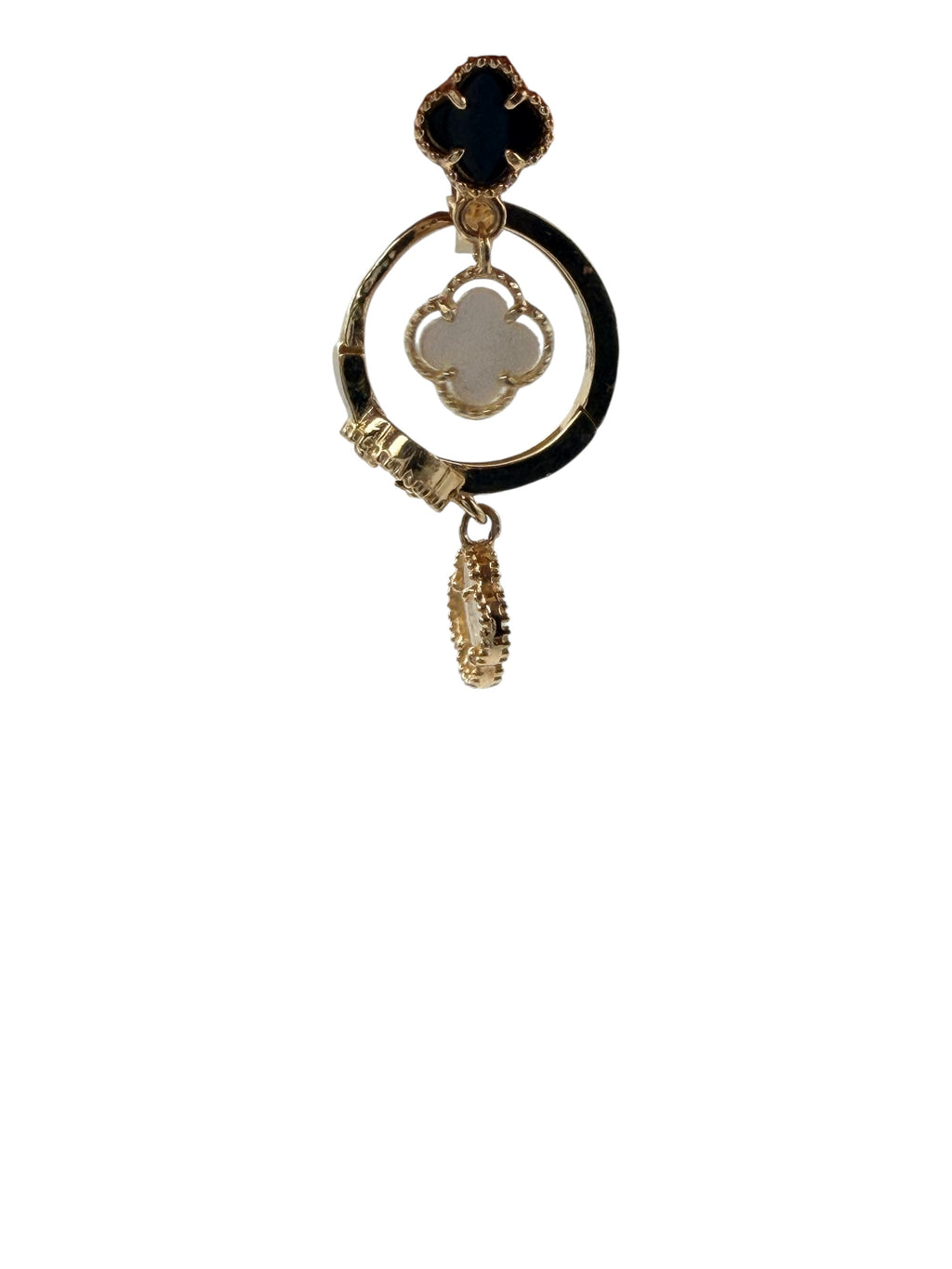 Huggies de Oro 10K - Dijes de Trébol (Estilo Van Cleef) Blanco y Negro