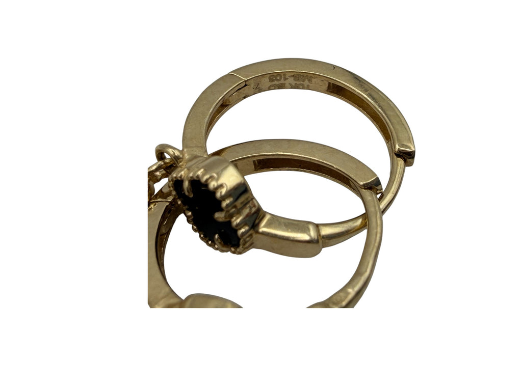 Huggies de Oro 10K - Dijes de Trébol (Estilo Van Cleef) Blanco y Negro