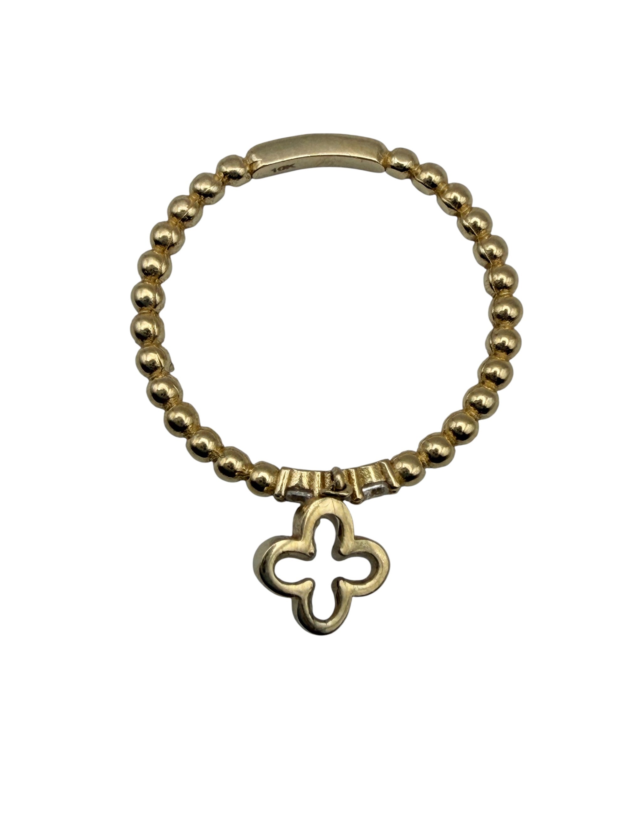 Anillo de Oro 10K Estilo Cuentas con Dije de Trébol y Circonias