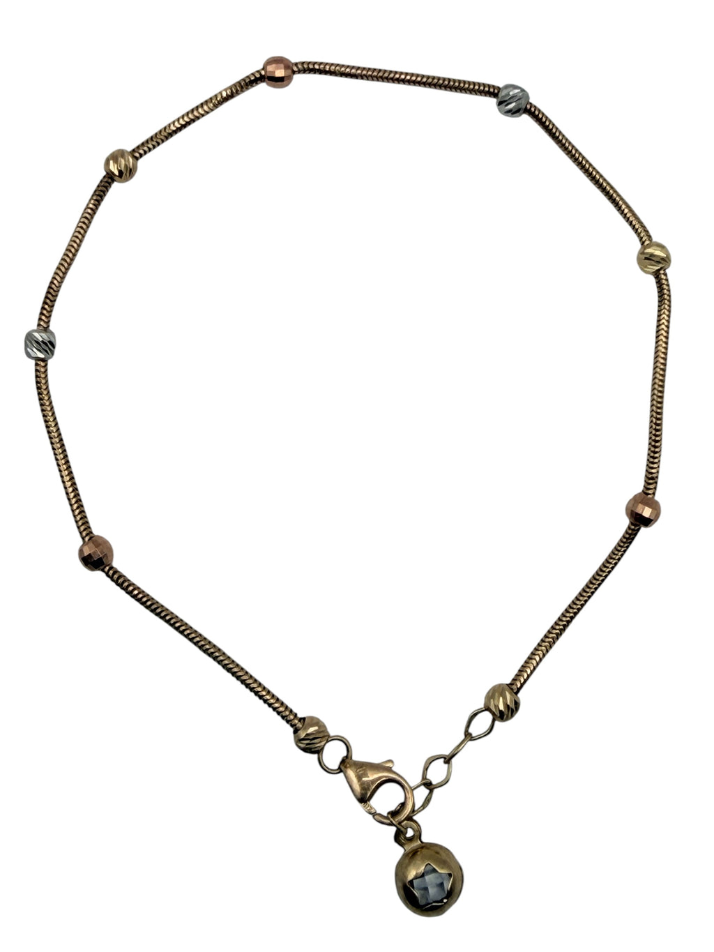 Pulsera de Cadena "Snake" Oro 10K 3 Oros con Cuentas y Dije de Esfera