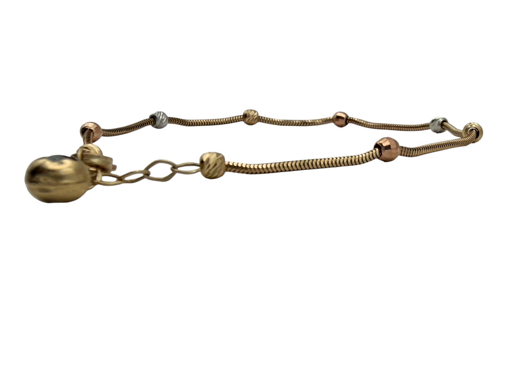 Pulsera de Cadena "Snake" Oro 10K 3 Oros con Cuentas y Dije de Esfera