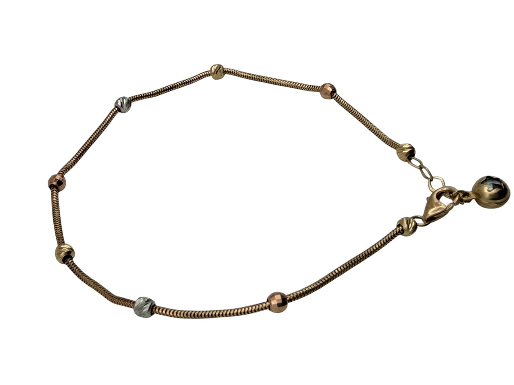 Pulsera de Cadena "Snake" Oro 10K 3 Oros con Cuentas y Dije de Esfera