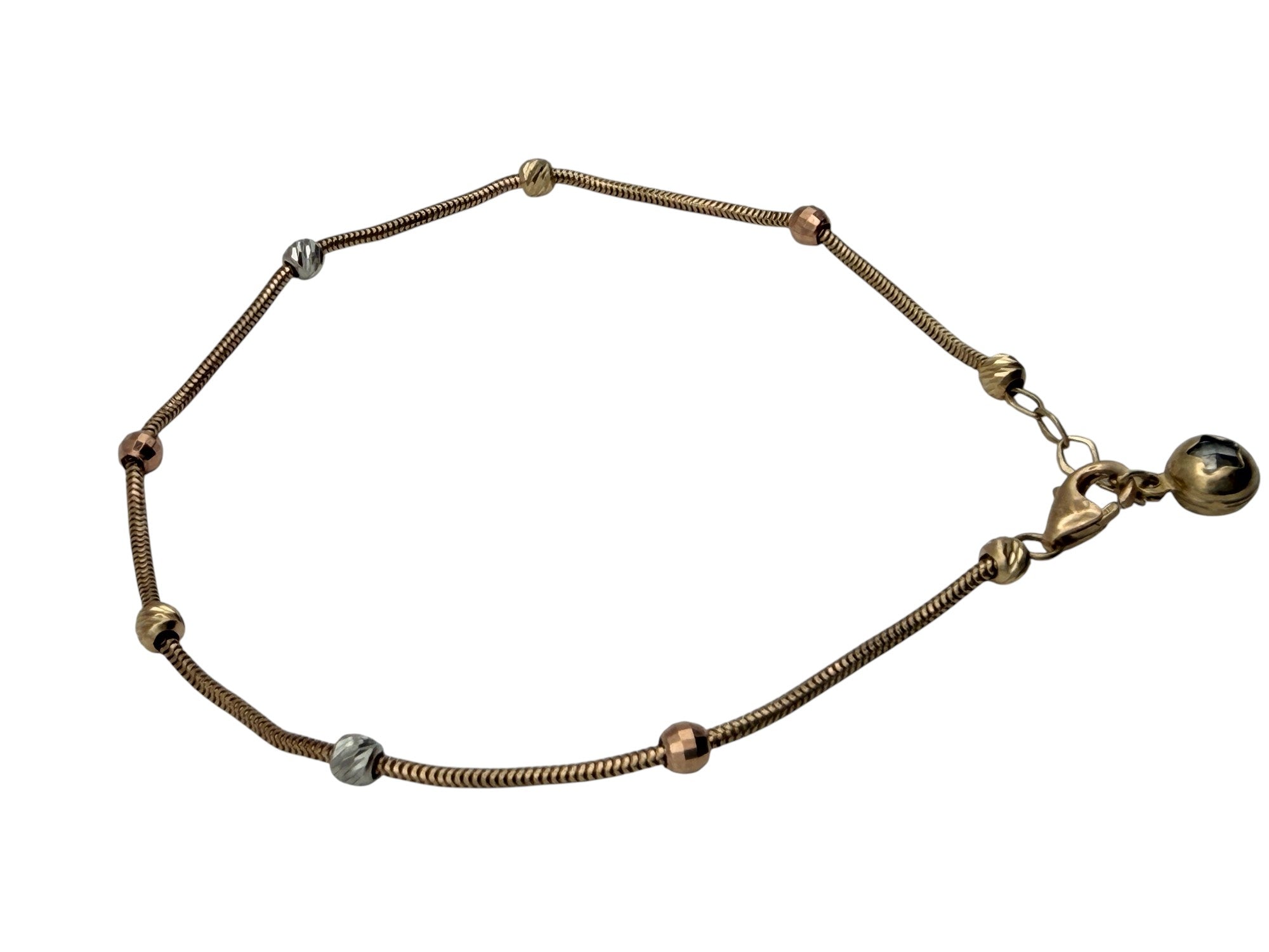 Pulsera de Cadena "Snake" Oro 10K 3 Oros con Cuentas y Dije de Esfera