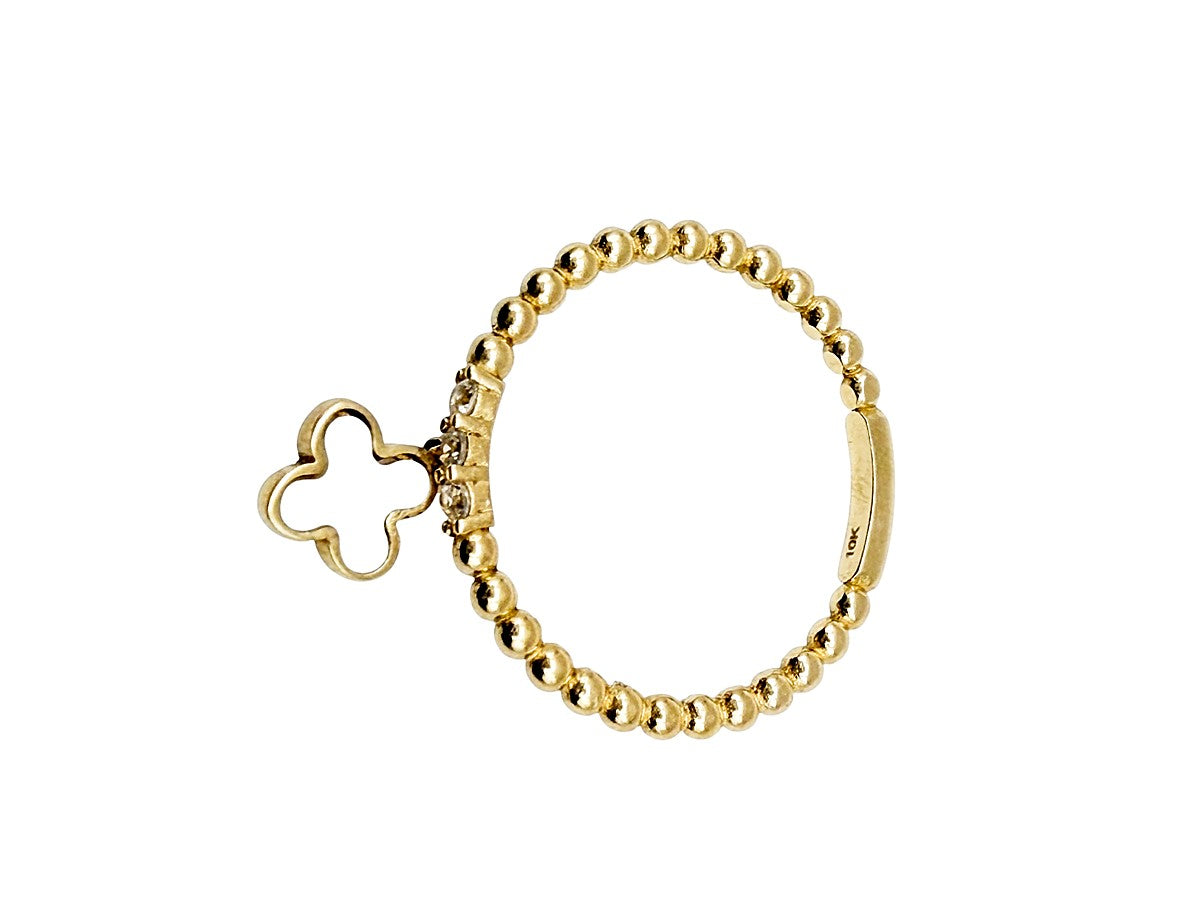 Anillo de Oro 10K Estilo Cuentas con Dije de Trébol y Circonias