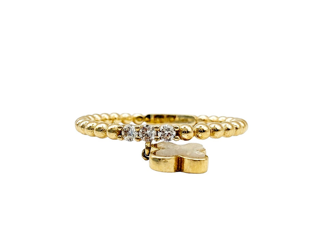 Anillo de Oro 10K Estilo Cuentas con Dije de Trébol y Circonias
