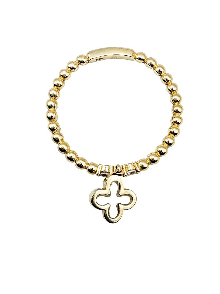 Anillo de Oro 10K Estilo Cuentas con Dije de Trébol y Circonias