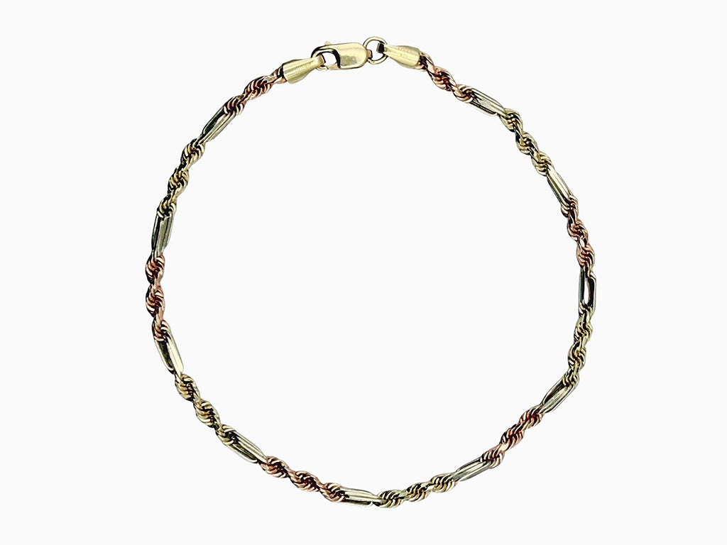Pulsera de Cadena Torzal 3 Oros en Oro 10K - Estilo Italiano Elegante