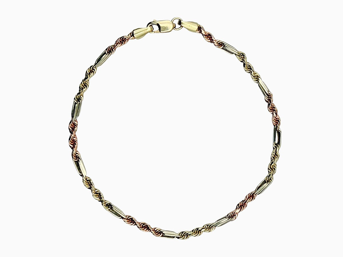 Pulsera de Cadena Torzal 3 Oros en Oro 10K - Estilo Italiano Elegante