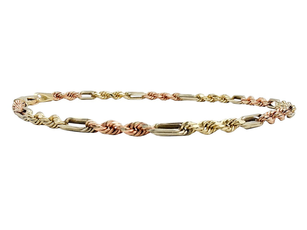 Pulsera de Cadena Torzal 3 Oros en Oro 10K - Estilo Italiano Elegante