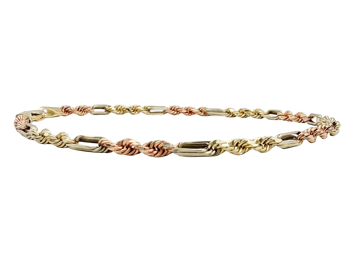 Pulsera de Cadena Torzal 3 Oros en Oro 10K - Estilo Italiano Elegante
