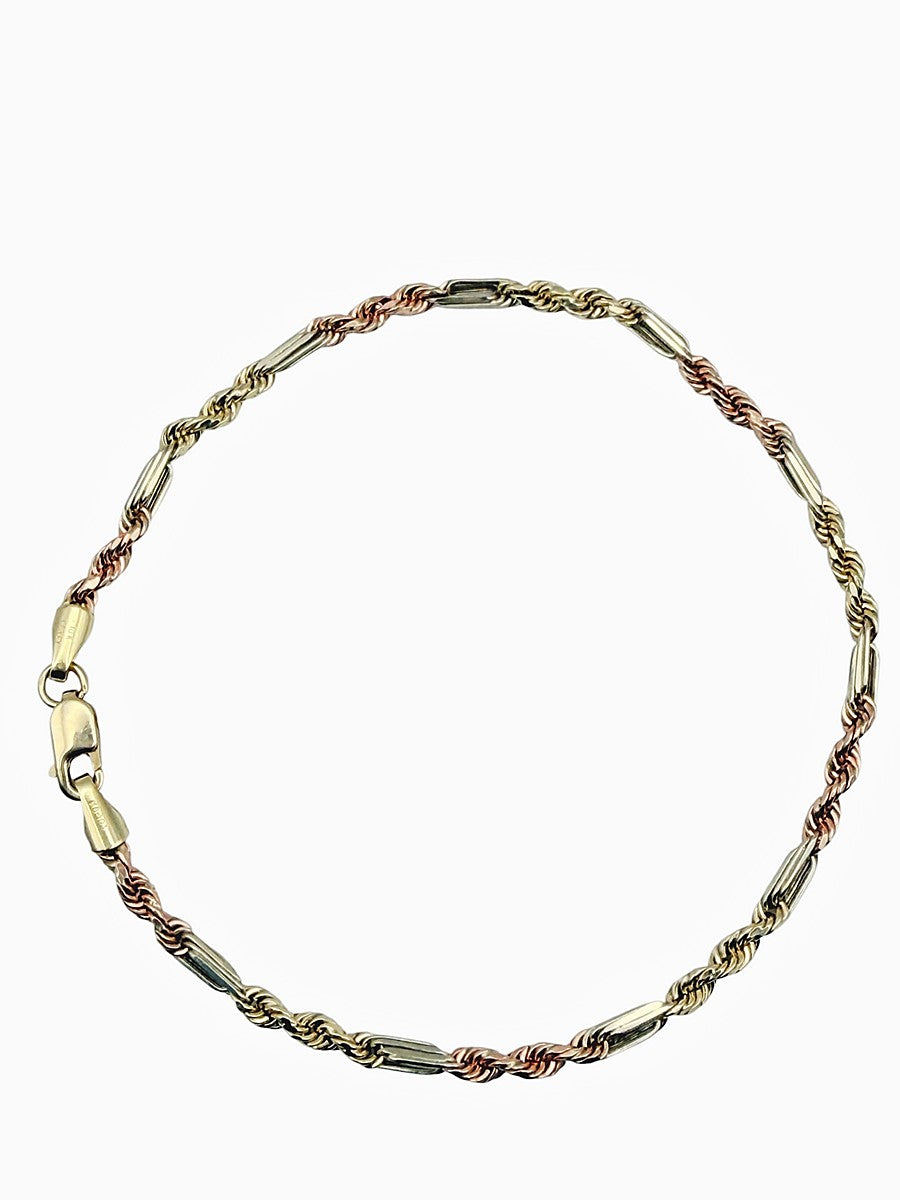 Pulsera de Cadena Torzal 3 Oros en Oro 10K - Estilo Italiano Elegante