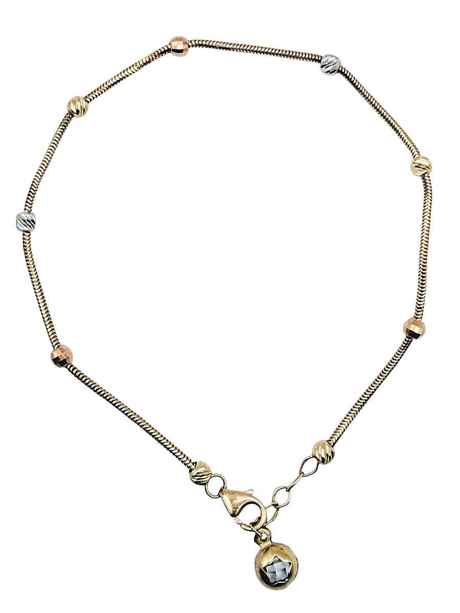 Pulsera de Cadena "Snake" Oro 10K 3 Oros con Cuentas y Dije de Esfera