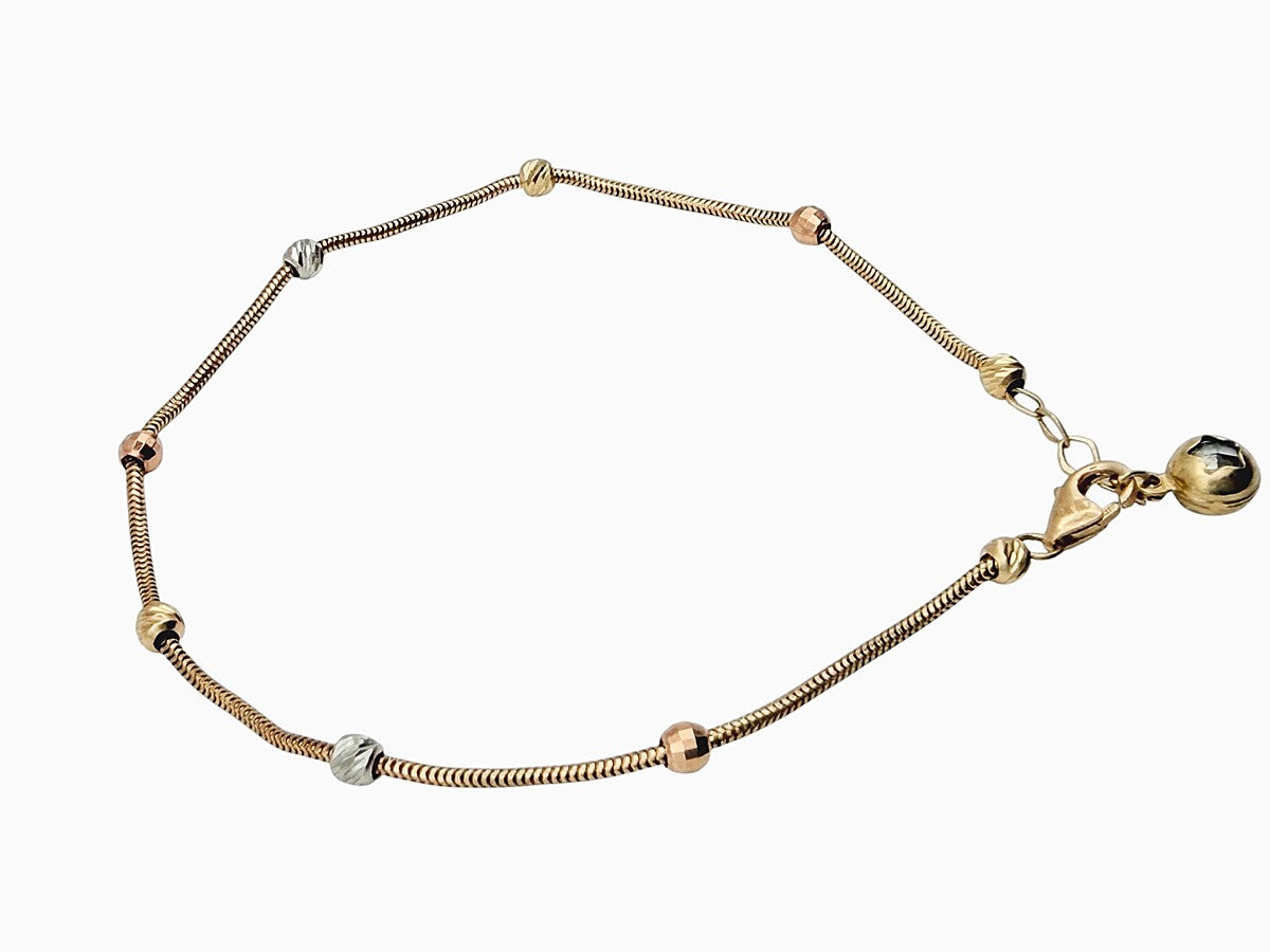 Pulsera de Cadena "Snake" Oro 10K 3 Oros con Cuentas y Dije de Esfera